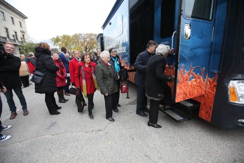 RUTH BONNEVILLE / WINNIPEG FREE PRESS

Members of the Ukrainian community including survivors of Holodomor genocide, make their way into  the new mobile Holodomor Classroom (a state-of-the-art RV interactive mobile theatre) in front of the Provincial Legislative Building during the official Kick-Off of the Manitoba portion of the National Awareness Tour Thursday.  
 
The Holodomor was a genocide carried out in 1932-33 by the Soviet Union led by Joseph Stalin, which resulted in the deaths of millions of Ukrainians due to forced starvation. 

See Nick Martin story.

October 20, 2016