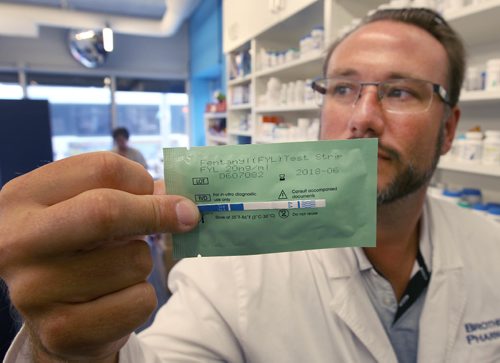 JOE BRYKSA / WINNIPEG FREE PRESSPharmacist / Owner of Brothers Pharmacy Mike Watts at 542 Selkirk Ave with fentanyl testing strips he just took into stock  - For $5 each users/parents can test drugs to see if they are laced with deadly fentanyl-Oct 20, 2016 -(See Bill Redekop story)