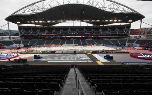 
RUTH BONNEVILLE / WINNIPEG FREE PRESS

View of the hockey rink in the centre of Investors Group Field for the upcoming Heritage Classic outdoor Hockey tournament being held at the stadium this weekend in Winnipeg.  

Standup photo 
October 20, 2016