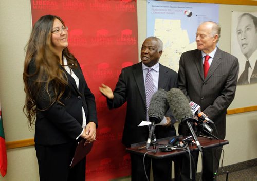 BORIS MINKEVICH / WINNIPEG FREE PRESS
Left to right. Judy Klassen (MLA for Kewatinook), is introduced as interim leader of the Manitoba Liberal party by party president Peter Koroma and Dr. Jon Gerrard (MLA River Heights),  Oct. 21, 2016