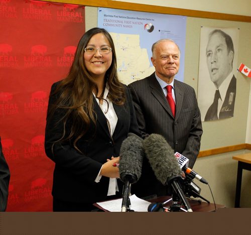 BORIS MINKEVICH / WINNIPEG FREE PRESS
Left to right. Judy Klassen (MLA for Kewatinook) talks to the media as the interim leader of the Manitoba Liberal party, Dr Jon Gerrard (MLA River Heights) listens. Photo taken at Liberal HQ Molgat Place, 635 Broadway. Oct. 21, 2016