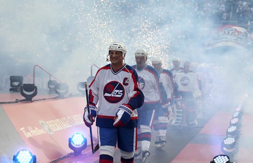 
RUTH BONNEVILLE / WINNIPEG FREE PRESS

#10 Dale Hawerchuk Jets Alumni Team Captain leads his team out onto the ice to play against the Edmonton Oilers during the  2016 Tim Hortons NHL Heritage Classic Alumni Game at Investors Group Stadium Saturday.  


October 22, 2016