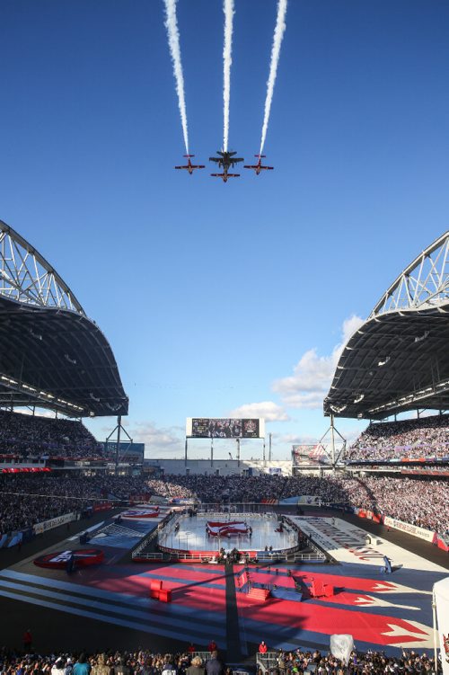 MIKE DEAL / WINNIPEG FREE PRESS
Military jets from 17 Wing fly over the stadium prior to the start of the NHL game between the Winnipeg Jets and the Edmonton Oilers at Investors Group Field.
161023 - Sunday October 23, 2016