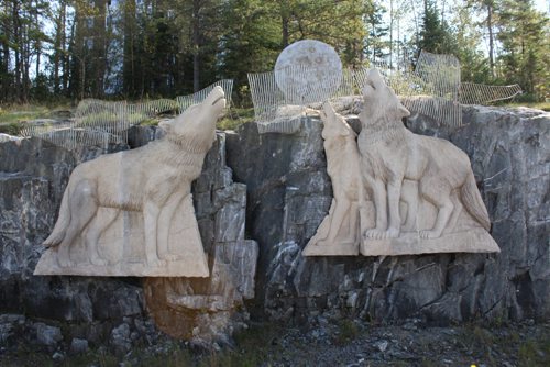 Wolves howling at moon and Northern lights, carved into limestone, on granite rock face in Thompson - BILL REDEKOP/WINNIPEG FREE PRESS Sept 8,  2016