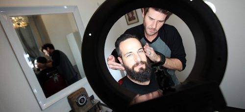 PHIL HOSSACK / WINNIPEG FREE PRESS -   Intersection - Beard and Brawn profile on owner/creators Kyle Von Riesen grooms Dan Carriere's full beard Monday.. See Dave Sanderson's story.  October 24, 2016