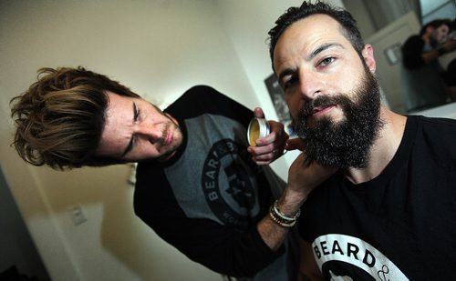 PHIL HOSSACK / WINNIPEG FREE PRESS -   Intersection - Beard and Brawn profile on owner/creators Kyle Von Riesen grooms Dan Carrieres full beard Monday.. See Dave Sanderson's story.  October 24, 2016