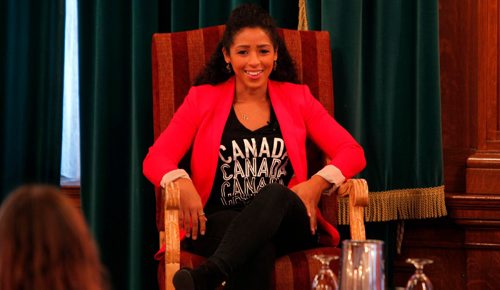 BORIS MINKEVICH / WINNIPEG FREE PRESS
2017 Canada Games event to announce new sponsors. Olympic Soccer team star from Winnipeg, Desiree Scott, sitting in chair, is interviewed on stage by TSN 1290 Radio personality Rick Ralph, not in photo. Photo taken the event breakfast in the Fort Garry Hotel in downtown Winnipeg. Ashley Prest story. Oct. 27, 2016