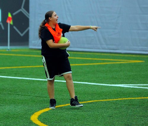 BORIS MINKEVICH / WINNIPEG FREE PRESS
Winnipeg Sun Life Diabetes Awareness and Education program at the University of Winnipeg indoor soccer fields. 
Grade 12 Shaelie Nilles during a game of soccer baseball, the active exercise portion of the program, at the U of W indoor soccer fields. She is from the kids from Elmwood Highschool that are in the program. Oct. 26, 2016