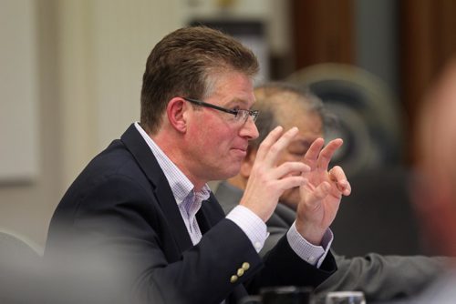 RUTH BONNEVILLE / WINNIPEG FREE PRESS

 MLA Andrew Swan  asked Manitoba Hydro President and CEO Kelvin Shepherd,  questions during Standing Committee discussions on Crown Corporations at the Legislative Building Friday.  
See Larry Kusch story. 
October 28, 2016