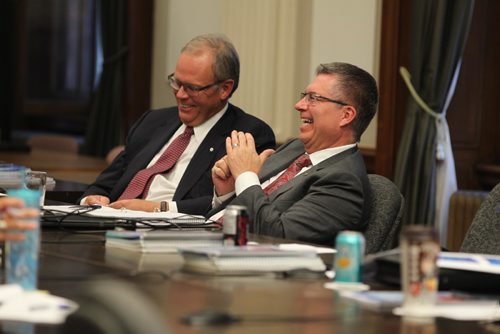 RUTH BONNEVILLE / WINNIPEG FREE PRESS

Manitoba Hydro President and CEO Kelvin Shepherd (right) and Sanford Riley, chairman of Manitoba Hydro board of directors, share a moment of laughs with members of the standing committee including questionnaire MLA Andrew Swan  during Standing Committee discussions on Crown Corporations at the Legislative Building Friday.  
See Larry Kusch story. 
October 28, 2016