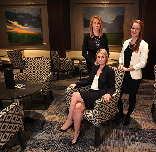 PHIL HOSSACK / WINNIPEG FREE PRESS - Standiong Left, Candace Hodgins-Harder (Conference Chair), Lindy Norris (President and founder) seated centre, and Christine LaForge, Conference Vice chair (standing right). See Jenn Zorati story. The trio are posing at the Fairmont Hotel, site of their upcoming conference.  October 28, 2016
