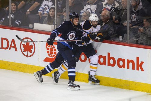 MIKE DEAL / WINNIPEG FREE PRESS
The Winnipeg Jets' Patrik Laine (29) forces Buffalo Sabres' defenceman Zach Bogosian (#47) against the boards during NHL game action Sunday afternoon at the MTS Centre.
161030 - Sunday October 30, 2016