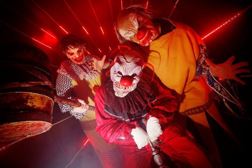 JOHN WOODS / WINNIPEG FREE PRESS
Terror clowns, from left to right, Mr T,  Chewy and  Gramps, a.k.a. Trevor Ophey, Thomas Thevenot and Edward Semeniuk, respectively are out haunting the Six Pines Halloween horror show at Six Pines Farm Saturday, October 30, 2016. The horror show goes until October 31.

