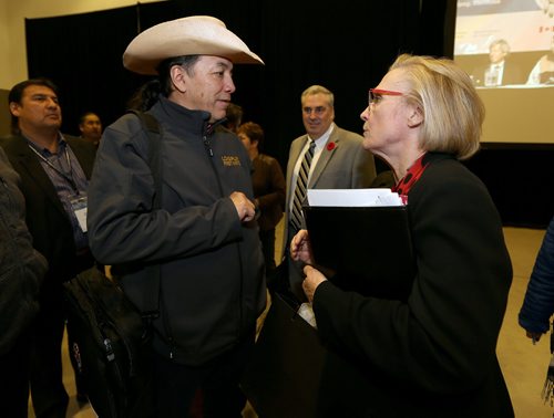 JASON HALSTEAD / WINNIPEG FREE PRESS

Carolyn Bennett, federal Minister of Indigenous and Northern Affairs, speaks with Long Plain First Nation Chief Dennis Meeches at the Assembly of First Nations National Housing and Infrastructure Forum at the RBC Convention Centre Winnipeg on Nov. 2, 2016. (See Carol Sanders story)