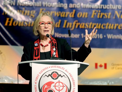 JASON HALSTEAD / WINNIPEG FREE PRESS

Carolyn Bennett, federal Minister of Indigenous and Northern Affairs, delivers the keynote address at the Assembly of First Nations National Housing and Infrastructure Forum at the RBC Convention Centre Winnipeg on Nov. 2, 2016. (See Carol Sanders story)