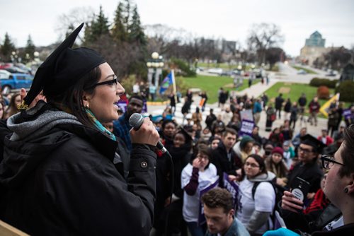 MIKE DEAL / WINNIPEG FREE PRESS
Activist Sadie-phoenix Lavoie speaks to the students who are gathered on the steps of the Manitoba Legislative Building for the annual student day of action. Around fifty received passes to sit in the public gallery during question period as the opposition NDP MLA's tried to get the ruling PC government to commit to not increasing tuition.
161102 - Wednesday November 2, 2016
