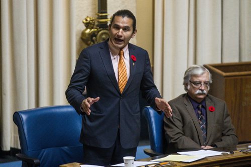 MIKE DEAL / WINNIPEG FREE PRESS
NDP MLA Wab Kinew speaks during question period trying to get the ruling PC government to commit to not increasing tuition.
161102 - Wednesday November 2, 2016