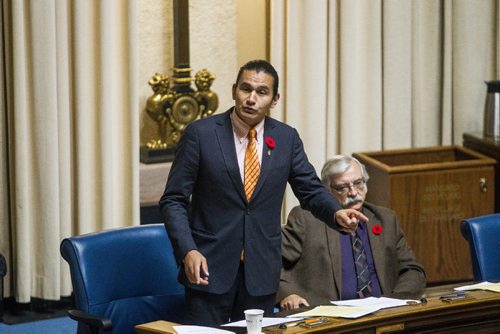 MIKE DEAL / WINNIPEG FREE PRESS
NDP MLA Wab Kinew speaks during question period trying to get the ruling PC government to commit to not increasing tuition.
161102 - Wednesday November 2, 2016