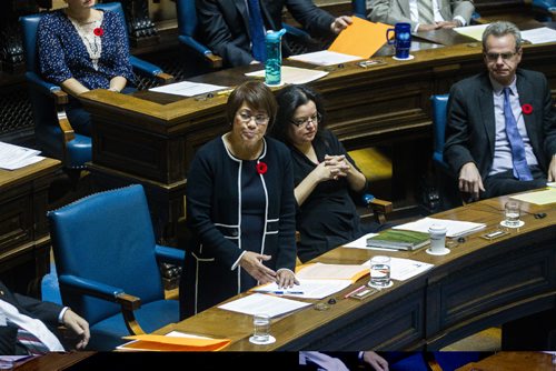 MIKE DEAL / WINNIPEG FREE PRESS
NDP interm leader Flor Marcelino speaks during question period as the opposition NDP MLA's tried to get the ruling PC government to commit to not increasing tuition.
161102 - Wednesday November 2, 2016