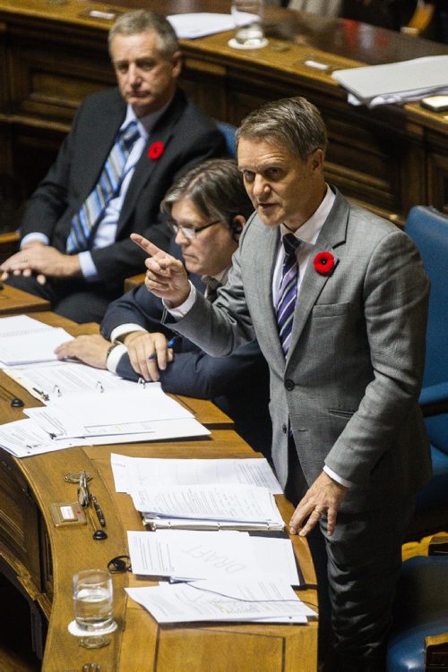 MIKE DEAL / WINNIPEG FREE PRESS
Progressive Conservative Finance Minister Cameron Friesen answers questions during question period trying to quell concerns the government was meddling in the negotiations between the University of Manitoba and the U of M Faculty Association.
161102 - Wednesday November 2, 2016