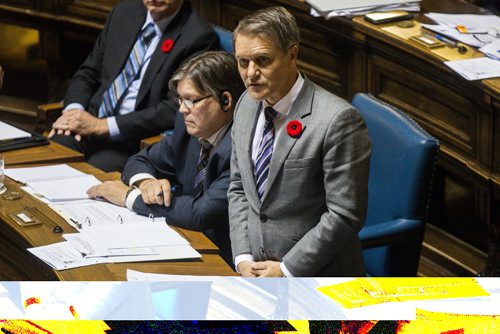 MIKE DEAL / WINNIPEG FREE PRESS
Progressive Conservative Finance Minister Cameron Friesen answers questions during question period trying to quell concerns the government was meddling in the negotiations between the University of Manitoba and the U of M Faculty Association.
161102 - Wednesday November 2, 2016