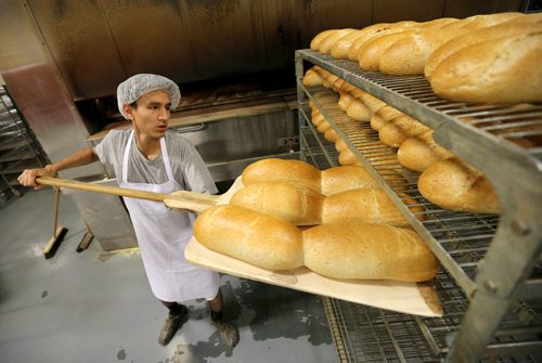 JASON HALSTEAD / WINNIPEG FREE PRESS

Employee Justin Ross puts loaves of rye onto a cooling rack at KUB Bakery on Erin Street in the West End on Nov. 2, 2016. KUB Bakery has been making Winnipeg-style Rye bread, using virtually the same recipe, since 1923. (See Sanderson The City story for Sunday, Nov. 6, 2016)