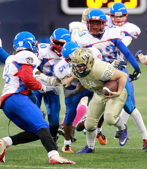 PHIL HOSSACK / WINNIPEG FREE PRESS - Dryden Eagle #33 Liam Wrolstad works his way through the CHurchill Bulldog defence early in Thursdays WHSFL semi-final match. See Jason Bell story.  November 3, 2016