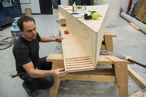 MIKE DEAL / WINNIPEG FREE PRESS
Luke Palka, manager of production and design at the WAG, constructs one of the features that will be used during the skate boarding demonstration on November 18th to celebrate the opening of two exhibits which will show how art, culture, and land intersect: Boarder X and Vernon Ah Kee: cantchant.
161103 - Thursday November 3, 2016