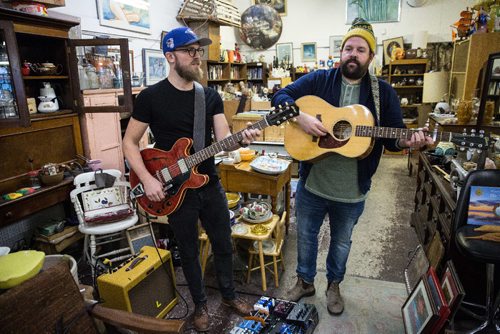MIKE DEAL / WINNIPEG FREE PRESS
Donovan Woods (right) and Joey Landreth (left) perform for a Winnipeg Free Press Exchange Sessions video in the Antiques & Funk store on Main Street.
161101 - Tuesday November 1, 2016
