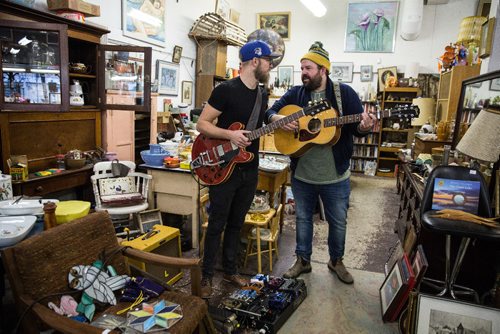 MIKE DEAL / WINNIPEG FREE PRESS
Donovan Woods (right) and Joey Landreth (left) perform for a Winnipeg Free Press Exchange Sessions video in the Antiques & Funk store on Main Street.
161101 - Tuesday November 1, 2016
