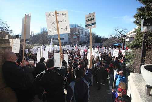 RUTH BONNEVILLE / WINNIPEG FREE PRESS

Striking University of Manitoba faculty members and students marched to the U of M  administration building.
Friday afternoon.

See Nick Martin story.  
Nov 04, 2016