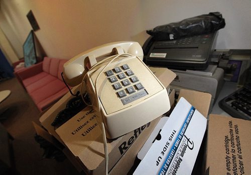 PHIL HOSSACK / WINNIPEG FREE PRESS -  The City Hall "media room", trash accumulated in corners, including an old push button phone and toner cartridge boxes and fax machines...... The area is going to be turned into a modern media cpnference room. See Aldo's story. November 4, 2016