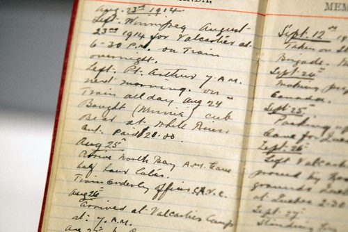 JOE BRYKSA / WINNIPEG FREE PRESS
Excerpt from Harry Colebourns 1914 diary where he notes purchasing Winniek for $20 part of display at Remembering the Real Winnie, in the Pavilion galleries in Assiniboine Park.. -Nov 07, 2016 -( See Bills story)