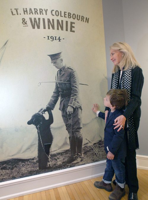 JOE BRYKSA / WINNIPEG FREE PRESS Laureen Mattick (grandaughter of Harry Colebourn) with Cole Davidson, 4 yrs ( Great great grandson of Harry Coluburn) at the  opening of Remembering the Real Winnie, in the Pavilion galleries in Assiniboine Park..   -Nov 07, 2016 -( See Bills story)