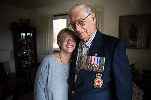 MIKE DEAL / WINNIPEG FREE PRESS
Arthur Christensen a veteran of the Second World War with his daughter Diane in his house in Rivercrest. The neighbourhood of Rivercrest was built for veterans of WW2 and Arthur is the last in the area still living there.
161027 - Thursday October 27, 2016