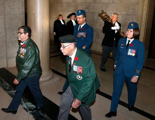 WAYNE GLOWACKI / WINNIPEG FREE PRESS



Armed Forces Veterans escorted Myrna Driedger, Speaker, Legislative Assembly through the halls of the Manitoba Legislative building to the Chamber Monday. This week leading up to Remembrance Day different members of the Armed Forces will be taking part, on  Tuesday, the Royal Canadian Air Force escort, on  Wednesday, the Canadian Army escort and on Thursday the Royal Canadian Navy will escort the Speaker. Nov. 7 2016