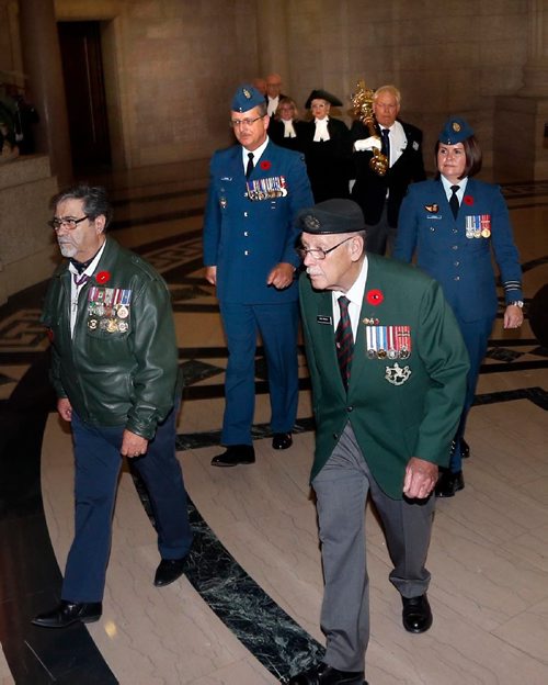 WAYNE GLOWACKI / WINNIPEG FREE PRESS



Armed Forces Veterans escorted Myrna Driedger, Speaker, Legislative Assembly through the halls of the Manitoba Legislative building to the Chamber Monday. This week leading up to Remembrance Day different members of the Armed Forces will be taking part, on  Tuesday , the Royal Canadian Air Force escort, on  Wednesday, the Canadian Army escort and on Thursday the Royal Canadian Navy will escort the Speaker. Nov. 7 2016
