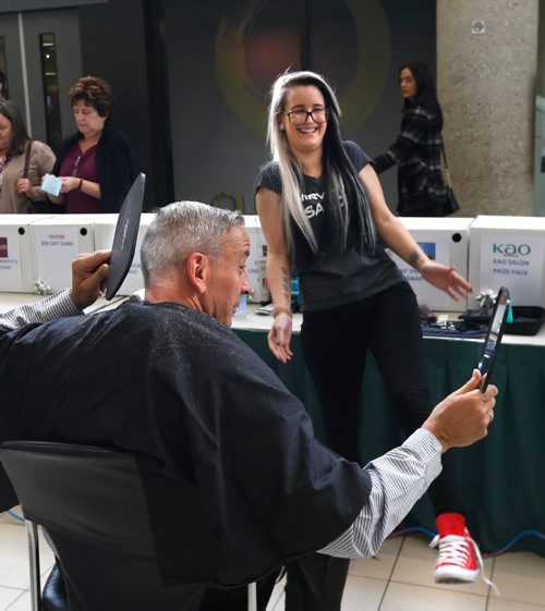 WAYNE GLOWACKI / WINNIPEG FREE PRESS




Glenn Kisil checks out his new haircut by Tiffany Lynne with Nirvana Salon during the 5th annual Cut-a-Thon held in Winnipeg Square Monday in support of the  Childrens Wish Foundation of Canada, Manitoba and Nunavut Chapter to help grant more wishes for children diagnosed with a life-threatening illnesses. The 360 Hair & Nails, Buffie and Company and Nirvana salons hosted the event offering haircuts and manicures. see release Nov. 7 2016