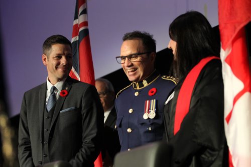 
RUTH BONNEVILLE / WINNIPEG FREE PRESS

Winnipeg new Police Chief Danny Smyth chuckles next to Mayor Brian Bowman and Chief Judge Margaret Wiebe during Oath of Office Ceremony held at the Met Tuesday.  
 

November 8,2016