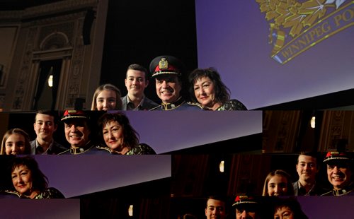 
RUTH BONNEVILLE / WINNIPEG FREE PRESS

Winnipeg new Police Chief Danny Smyth is all smiles as he poses with his family after Oath of Office Ceremony held at the Met Tuesday.  
Names: Danny with his wife Cynthia, son William and daughter Samantha.  
 

November 8,2016