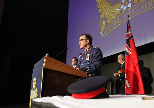 
RUTH BONNEVILLE / WINNIPEG FREE PRESS

Winnipeg new Police Chief Danny Smyth delivers his eloquent speech at the podium during Oath of Office Ceremony held at the Met Tuesday.  
 

November 8,2016