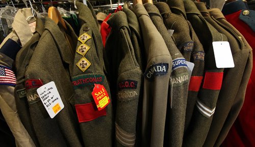 PHIL HOSSACK / WINNIPEG FREE PRESS - Marway Militaria, specializes in military memorabilia See Bill Redekop's tale. Military jackets with shoulder patches on the rack at Marway.  November 8, 2016