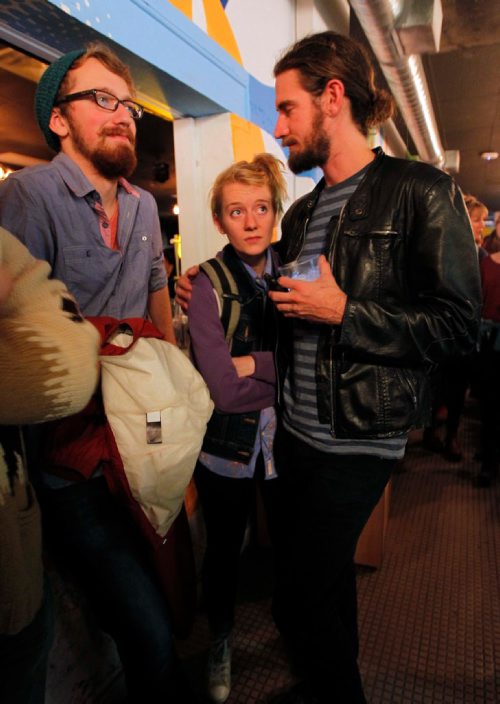 BORIS MINKEVICH / WINNIPEG FREE PRESS
The Good Will Social Club was packed with young people watching the US Election night. Left-right-  Nathan Sawatzky-Dyck, and Jami Reimer being comforted by Tyler Nielsen. Nov 8, 2016