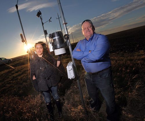 PHIL HOSSACK / WINNIPEG FREE PRESS -  Suzi Bonk and Guy Ash, founders of Winnipeg weather technology company, Precision Weather Solutions pose beside a field station near Winnipeg. They are partnering with John Deere. See Martin Cash story. November 9, 2016