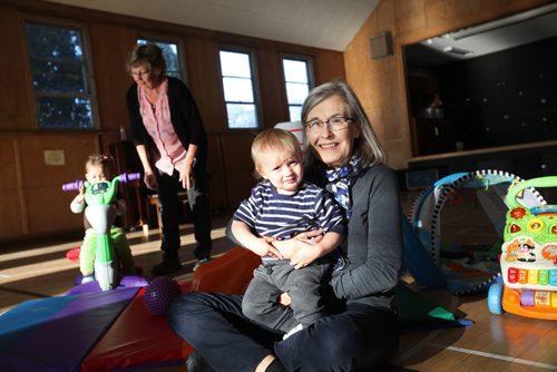 
RUTH BONNEVILLE / WINNIPEG FREE PRESS

Faith Page: Story: Harrow United Church celebrates a century of helping their neighbourhood with community programs.
16-month-old Jackson Danforth plays with his grandmother Dianne Blewett during playtime program for grandkids and grandparents. 
17-month-old Mara Daniels plays with Grandmother Susan Ketchen behind her.  
November 10, 2016