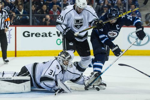MIKE DEAL / WINNIPEG FREE PRESS
Winnipeg Jets' Blake Wheeler (26) goes for the rebound against Los Angeles Kings' goaltender Peter Budaj (31) during an afternoon NHL game at MTS Centre Sunday.
161113 - Sunday November 13, 2016