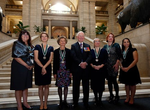 WAYNE GLOWACKI / WINNIPEG FREE PRESS

Governor General David Johnston, centre, presented awards in commemoration of the Persons Case to six recipients from left Winnipegs Diane Redsky, Pascale Navarro, of Montréal, Quebec, Cecilia Benoit, of Victoria, British Columbia, Norma Jean Profitt, of Yarmouth, Nova Scotia, Anna-Louise Crago, of Toronto and Lucia Lorenzi (youth award), of Port Coquitlam, British Columbia.  The ceremony took place in the Manitoba Legislature Chamber Tuesday morning.¤Kristin Annable story Nov. 15 2016