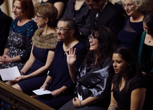 WAYNE GLOWACKI / WINNIPEG FREE PRESS

Governor General David Johnston presented awards in commemoration of the Persons Case to six recipients from across the country, including Winnipegs Diane Redsky, executive director of the Ma Mawi Wi Chi Itata Centre waving to family in the visitors gallery. The ceremony took place in the Manitoba Legislature Chamber Tuesday morning.¤ Kristin Annable story. Nov. 15 2016