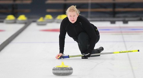 PHIL HOSSACK / WINNIPEG FREE PRESS -  Warming up for the weekend "Super Speil", Swedish skip Margaretha Sigfridsson followers her rock down the practice ice in Morris Thursday afternoon. See Mike Sawatzky's story.  November 17, 201