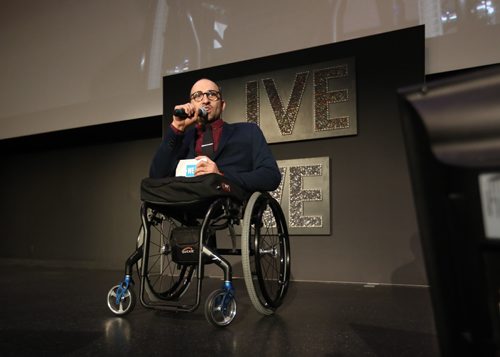 
RUTH BONNEVILLE / WINNIPEG FREE PRESS

Man Without Legs, Spencer West who raised a half million dollars through charity after climbing  Mount Kilimanjaro speaks at We Day Gala at the Met Thursday evening.  

November 17, 2016